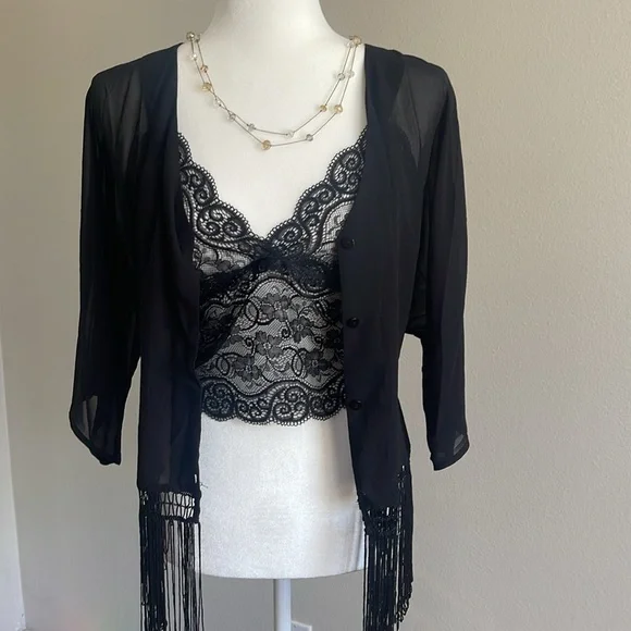 H&M Black Sheer Lace Fringe Blouse Size 12 - Picture 2 of 5